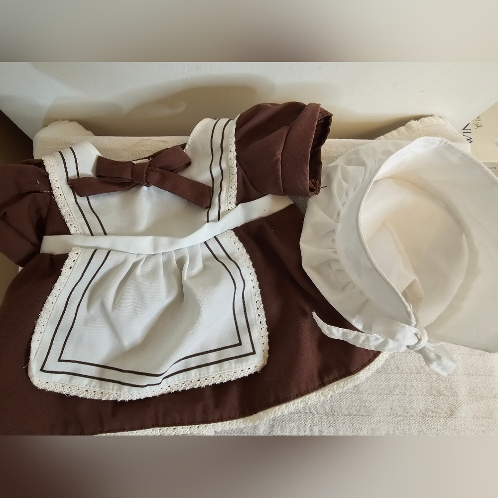 Build a Bear Thanksgiving Pilgrim Dress White Brown Apron With Bonnet RARE